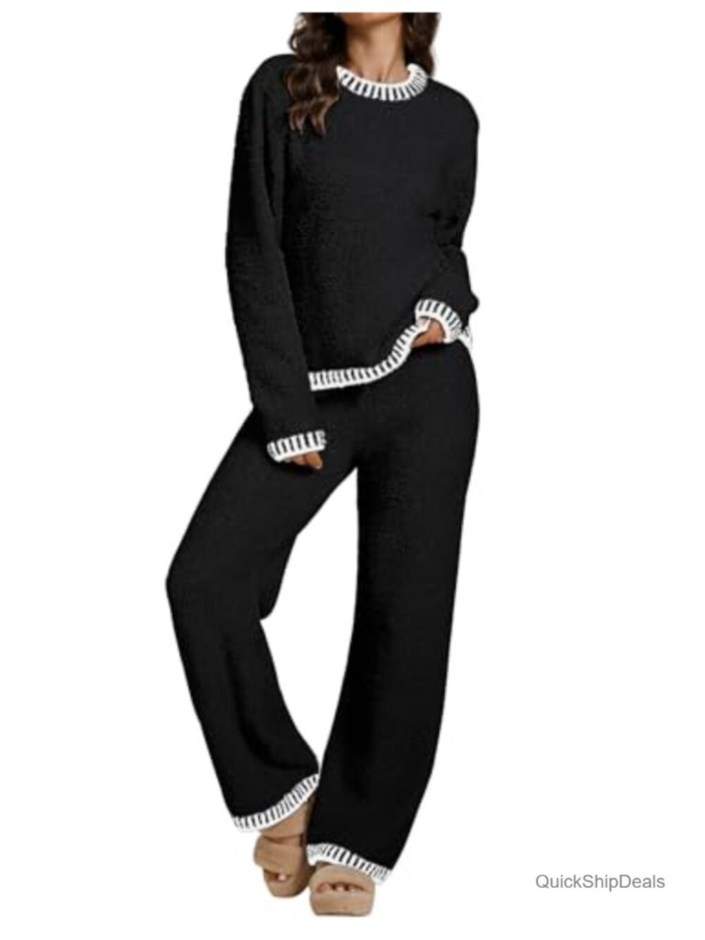 Fuzzy Knit Long Sleeve Sweater & Wide Leg Pants Lounge Set 2 Piece
